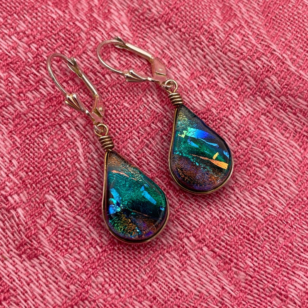 Copper Green Glass Tear Drop Dangle Earrings